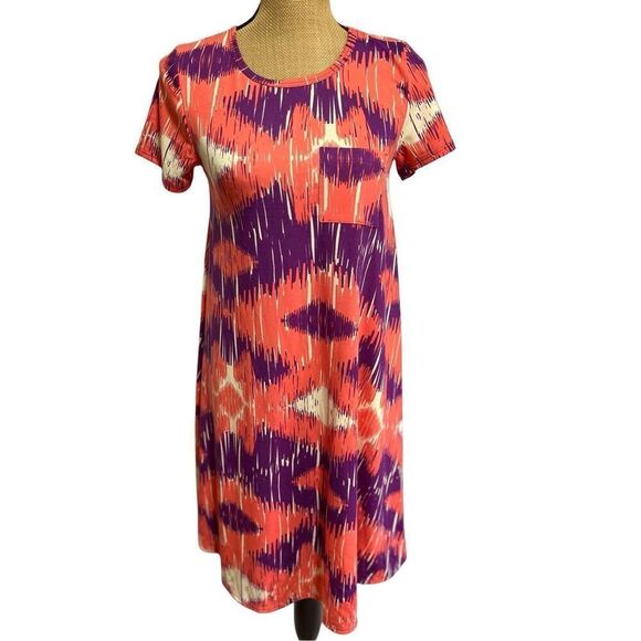 LulaRoe Carly Swing Dress Size XXS Ikat Abstract Pattern Coral Purple High-Low - Picture 1 of 11